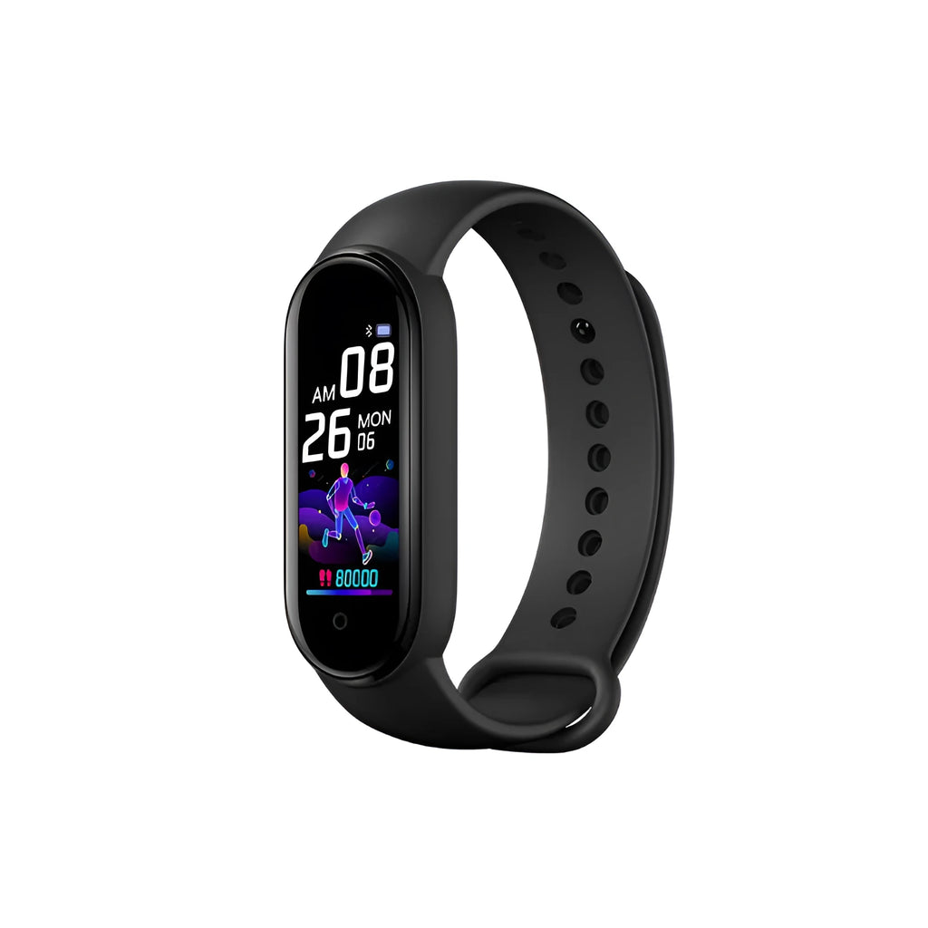 Black M5 smart bracelet with heart rate monitoring on wrist showing 0.96-inch touch screen display