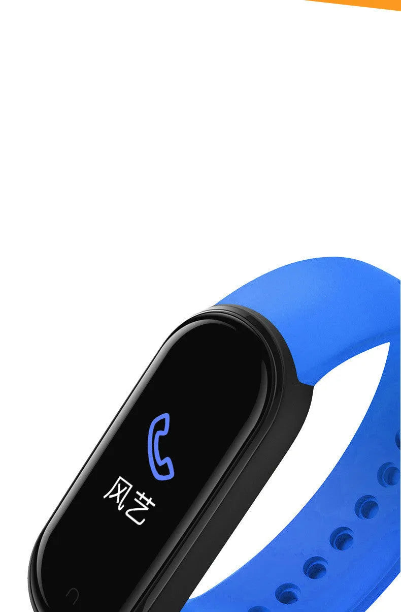 Black M5 smart bracelet with heart rate monitoring on wrist showing 0.96-inch touch screen display