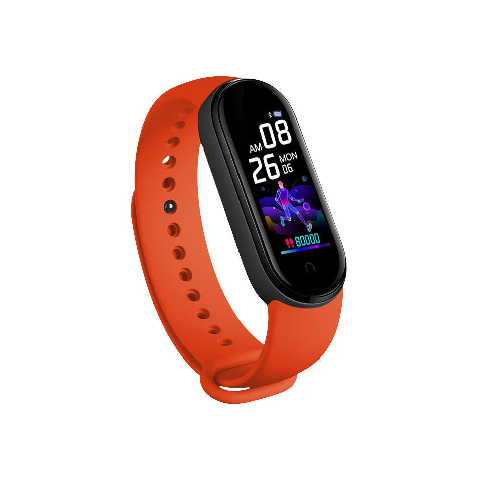 Black M5 smart bracelet with heart rate monitoring on wrist showing 0.96-inch touch screen display
