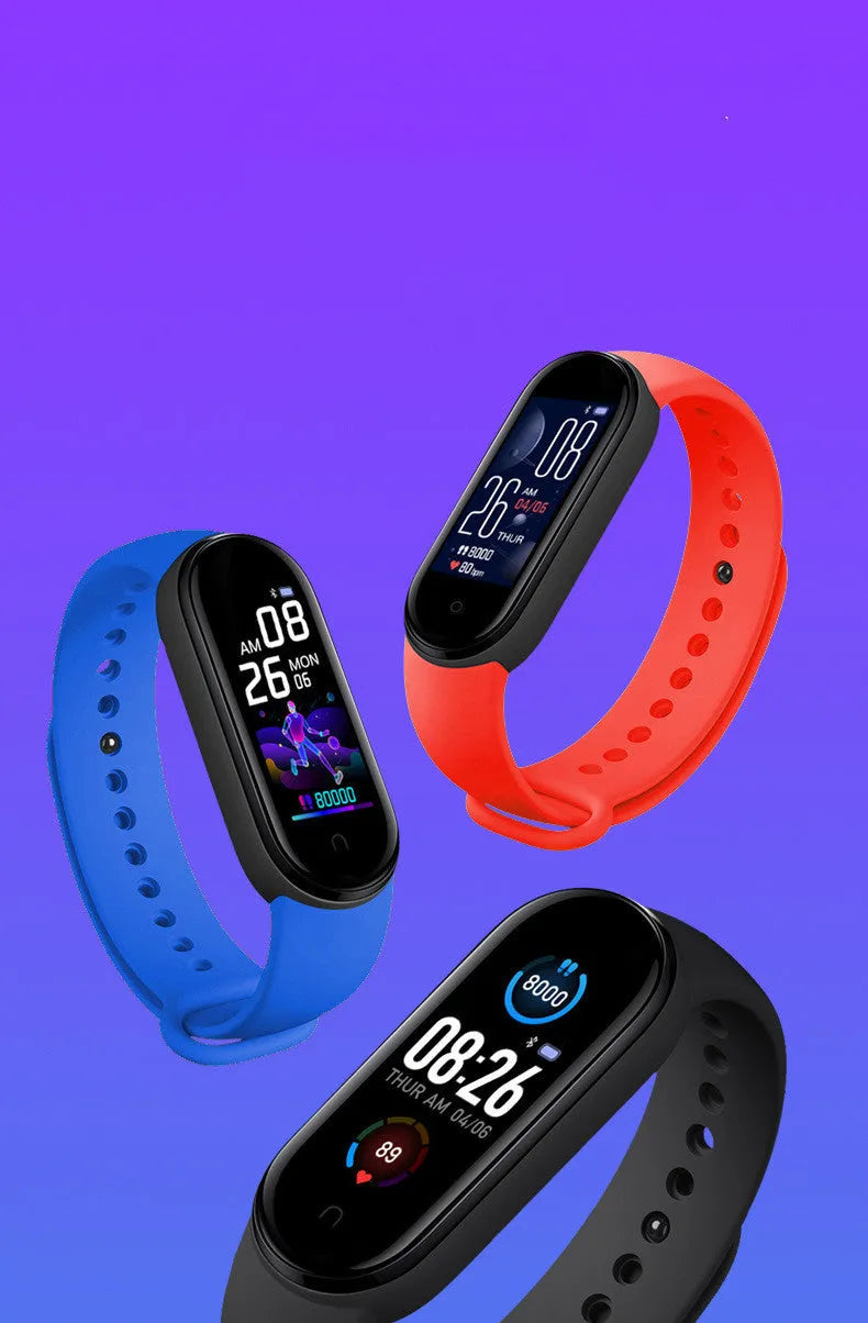 Black M5 smart bracelet with heart rate monitoring on wrist showing 0.96-inch touch screen display