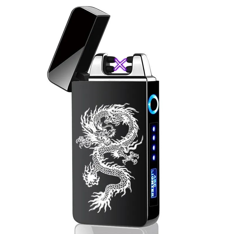 Creative fashion USB charging double arc lighter in zinc alloy, black colour, compact size 73x35x11mm