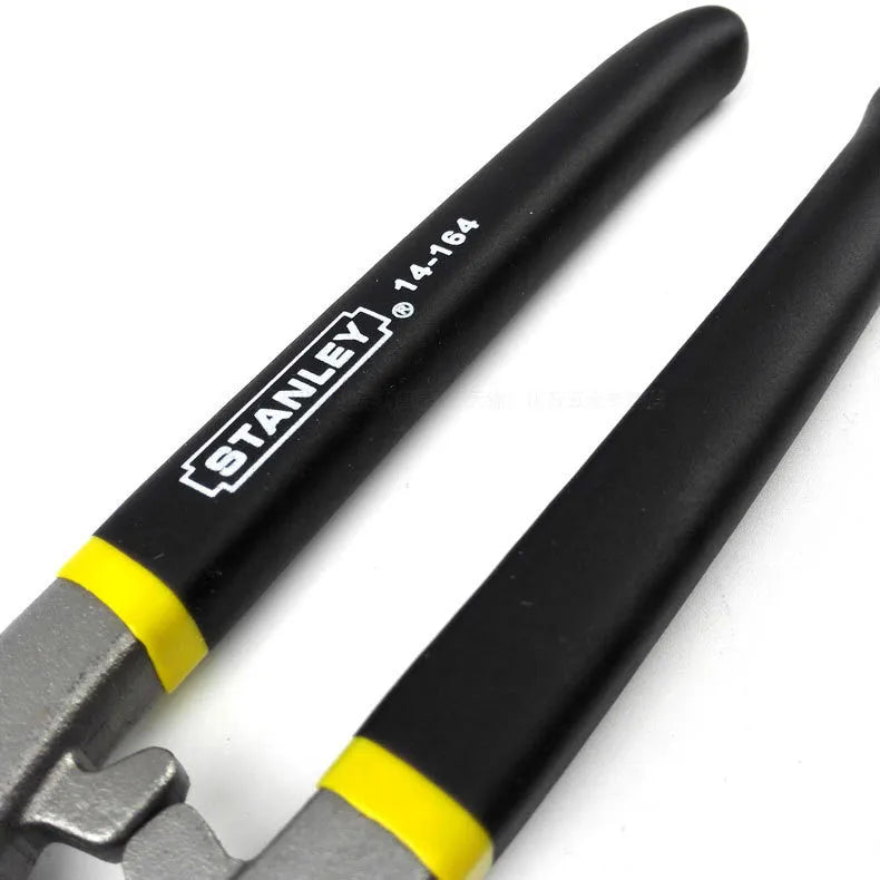 Yellow high carbon steel barbed wire shears tin snips 200mm long on a workbench.