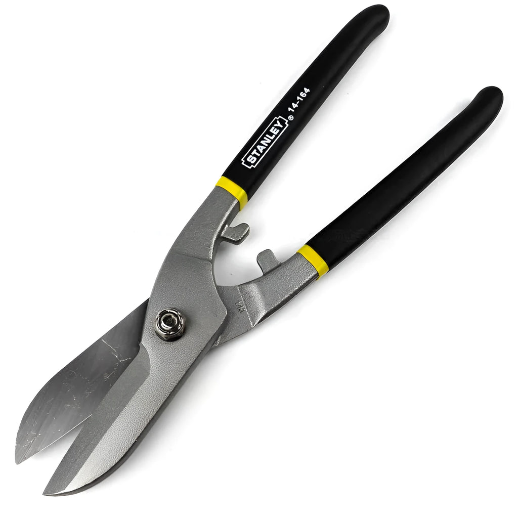 Yellow high carbon steel barbed wire shears tin snips 200mm long on a workbench.