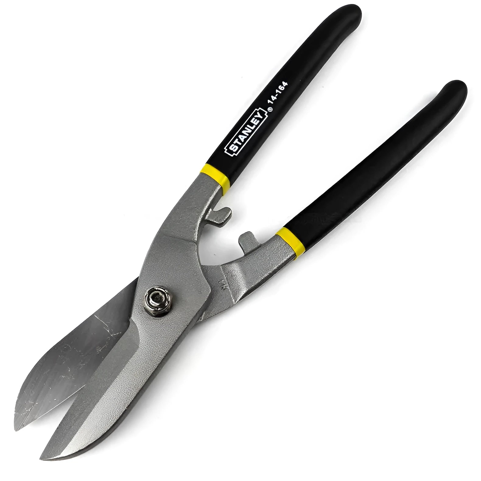 Yellow high carbon steel barbed wire shears tin snips 200mm long on a workbench.