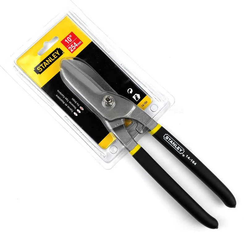 Yellow high carbon steel barbed wire shears tin snips 200mm long on a workbench.