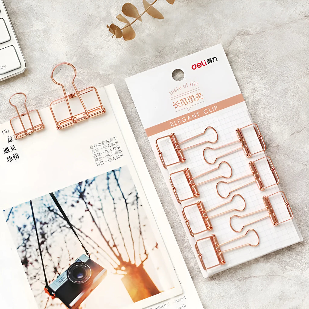Rose gold metal binder set with ticket holder and data folder, small and large sizes on white background