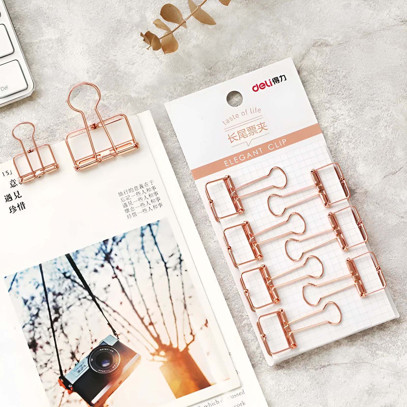 Rose gold metal binder set with ticket holder and data folder, small and large sizes on white background
