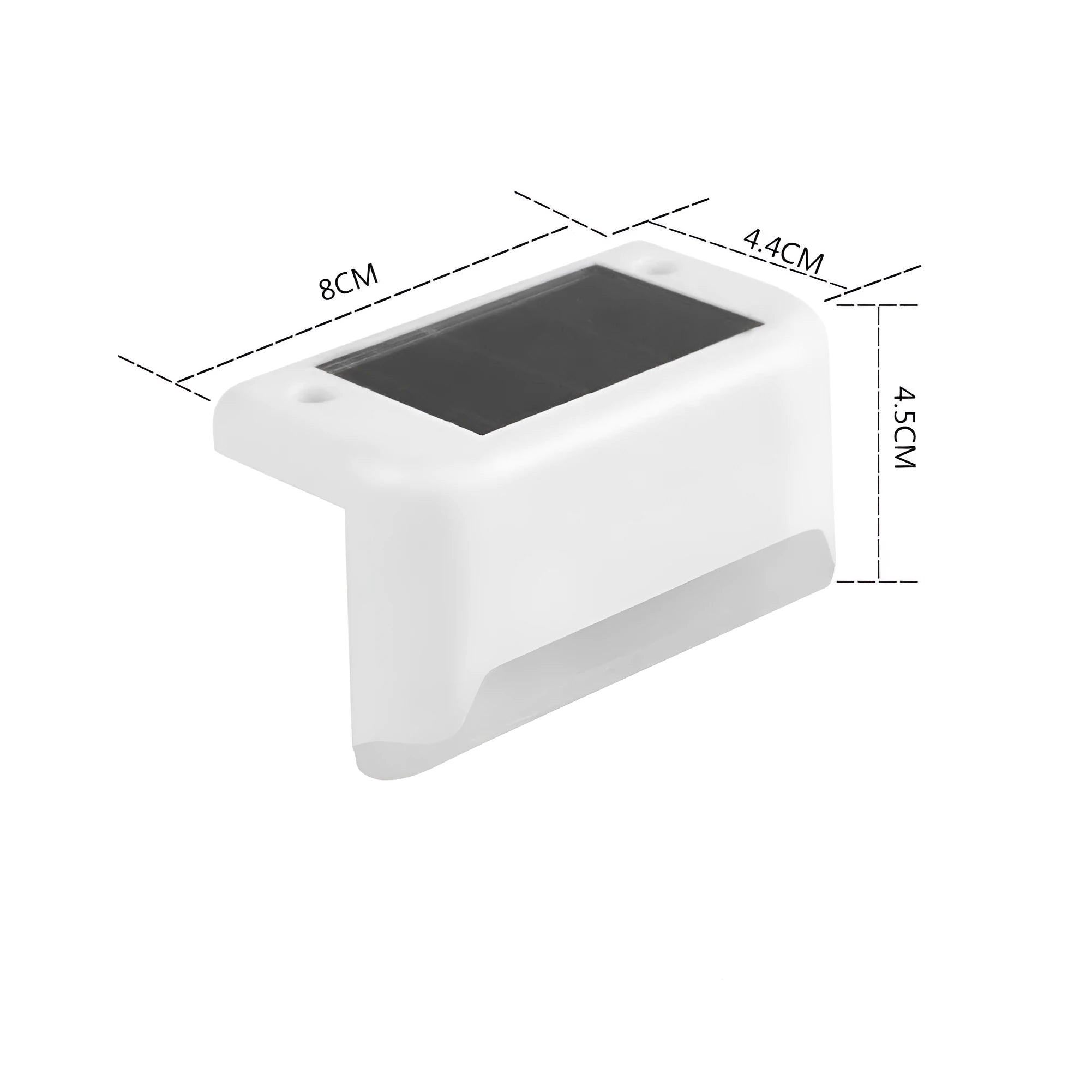 White solar-powered railing light with LED illumination for outdoor steps and garden fencing
