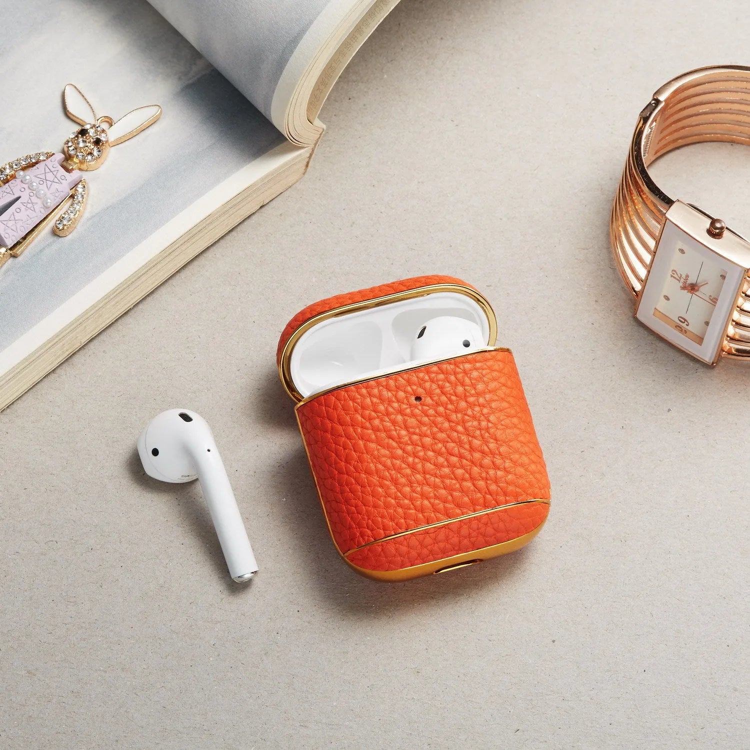 Leather lychee pattern electroplating headphone case for AirPods 1/2 clamshell style colour options