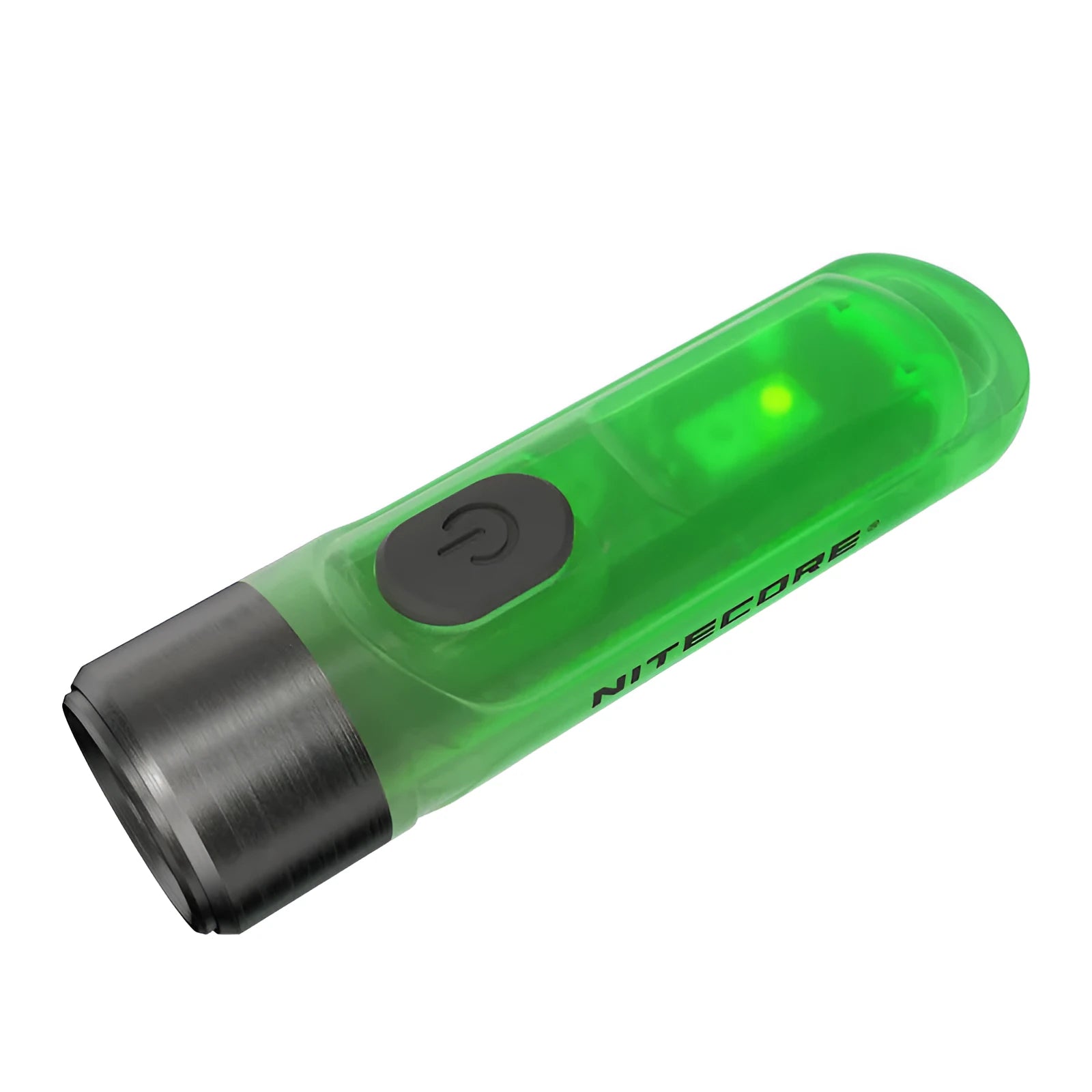 Green Nitecore TIKI USB rechargeable keychain torch with three LED light sources: main, white, and UV.