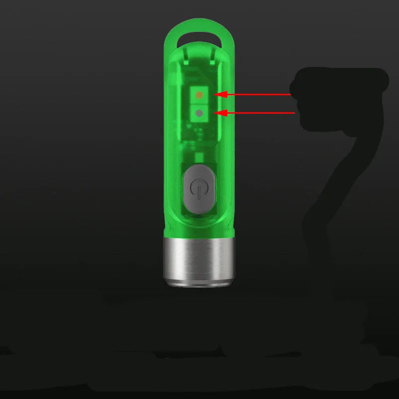 Green Nitecore TIKI USB rechargeable keychain torch with three LED light sources: main, white, and UV.