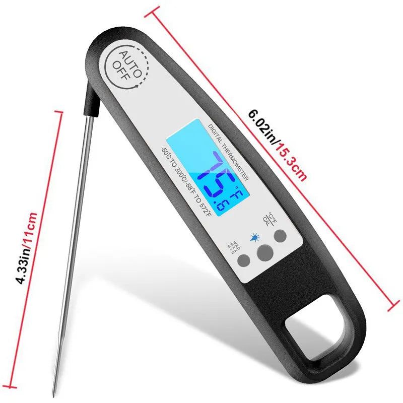 Digital food thermometer with black ABS body displaying a temperature reading for cooking