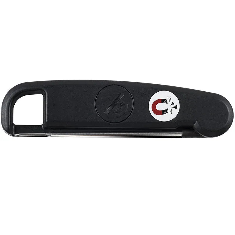 Digital food thermometer with black ABS body displaying a temperature reading for cooking