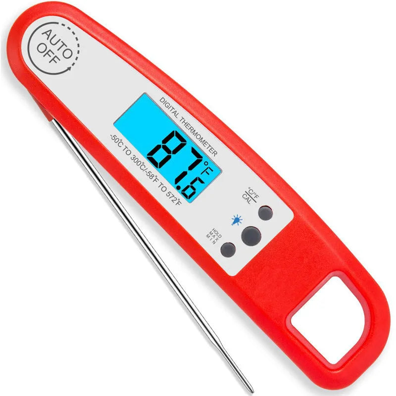 Digital food thermometer with black ABS body displaying a temperature reading for cooking