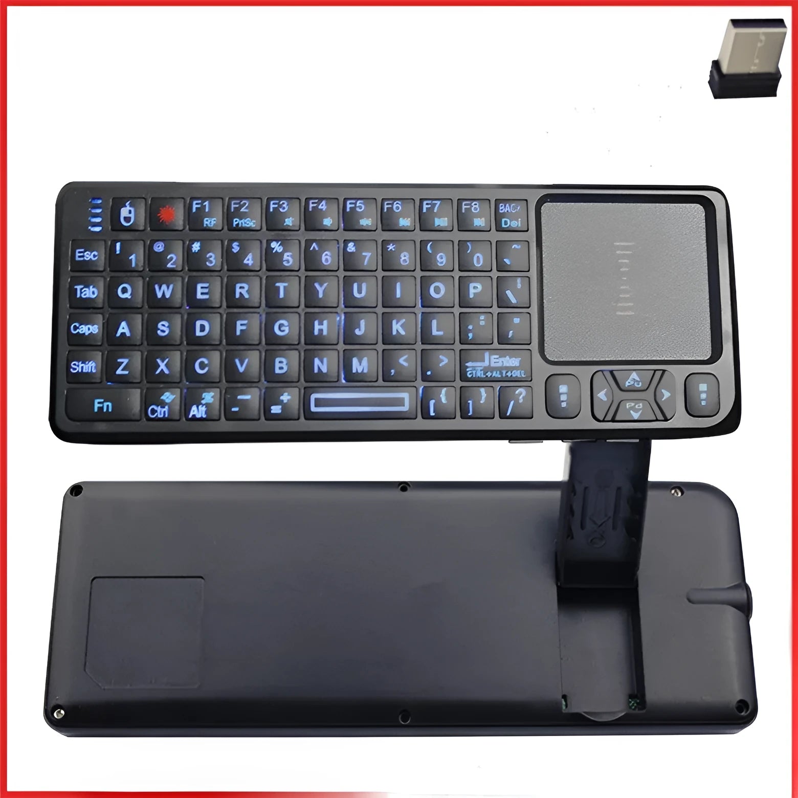Black wireless mini keyboard with touch screen, shown next to a ruler indicating its 151mm length.