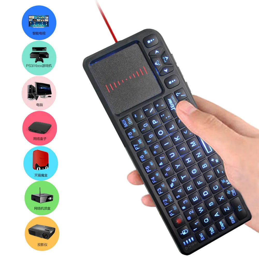 Black wireless mini keyboard with touch screen, shown next to a ruler indicating its 151mm length.