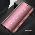 Silver mirror flip case for Samsung Galaxy phone showing front cover with mirror and kickstand extended.