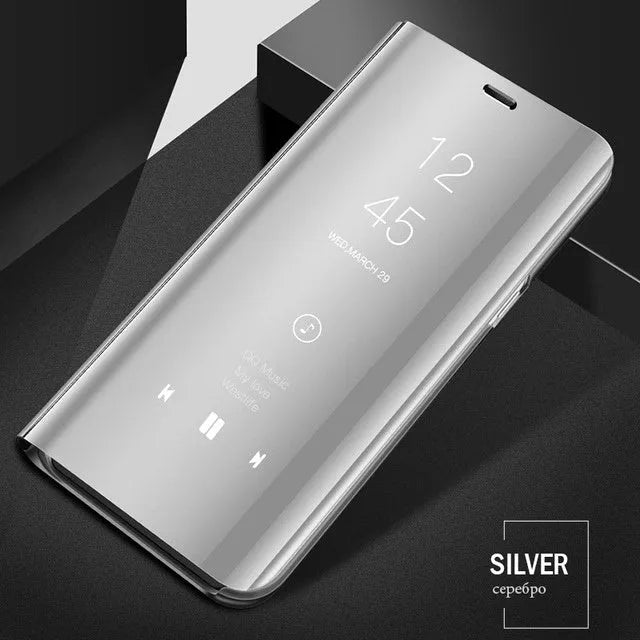 Silver mirror flip case for Samsung Galaxy phone showing front cover with mirror and kickstand extended.
