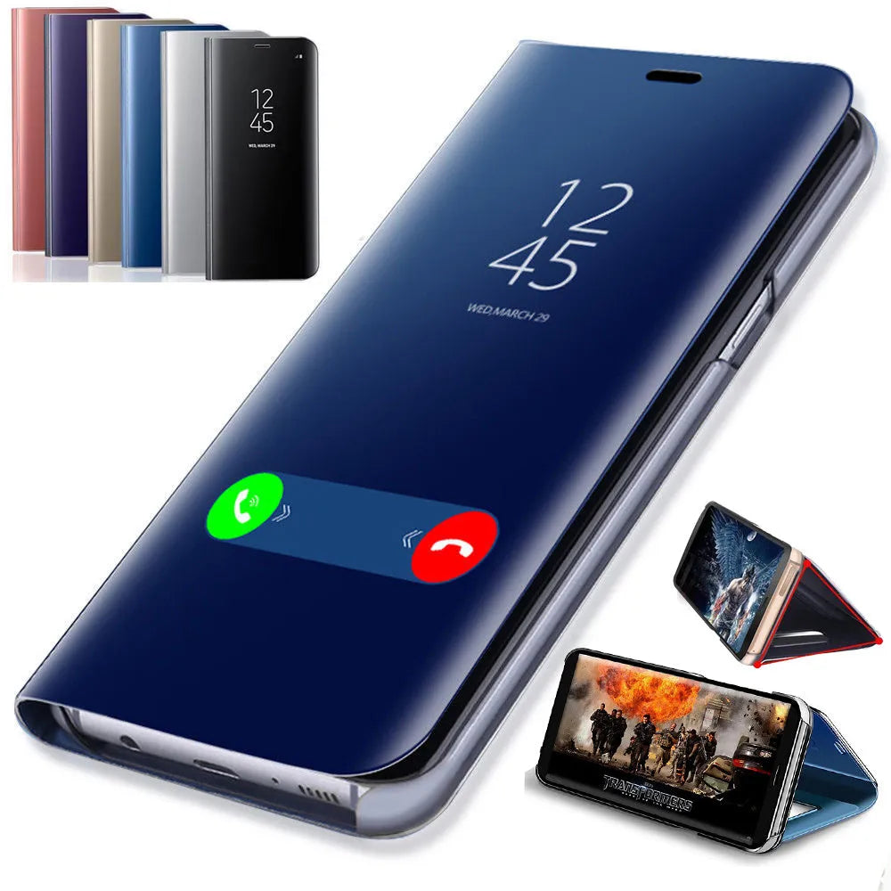 Silver mirror flip case for Samsung Galaxy phone showing front cover with mirror and kickstand extended.
