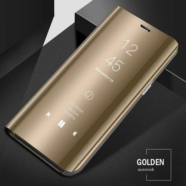 Silver mirror flip case for Samsung Galaxy phone showing front cover with mirror and kickstand extended.
