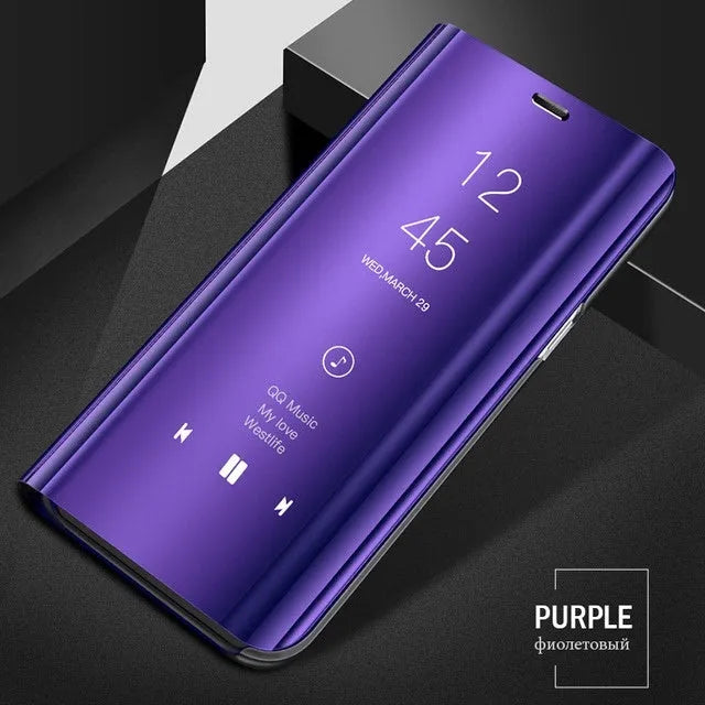 Silver mirror flip case for Samsung Galaxy phone showing front cover with mirror and kickstand extended.