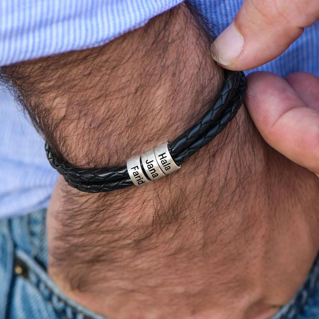 Black braided rope bracelet with stainless steel letter beads, 5mm height, 12mm diameter, 62cm length