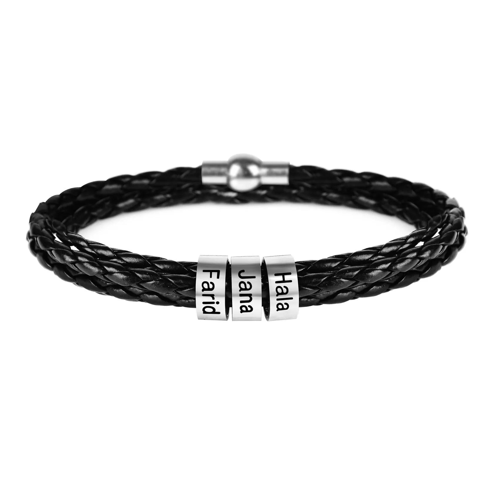 Black braided rope bracelet with stainless steel letter beads, 5mm height, 12mm diameter, 62cm length