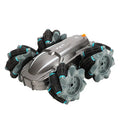 Black wireless remote control stunt car with Mecanum wheels, 360-degree rotation feature, and 4WD design on a surface