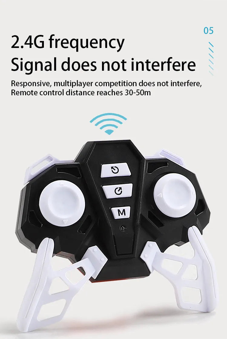 Black wireless remote control stunt car with Mecanum wheels, 360-degree rotation feature, and 4WD design on a surface