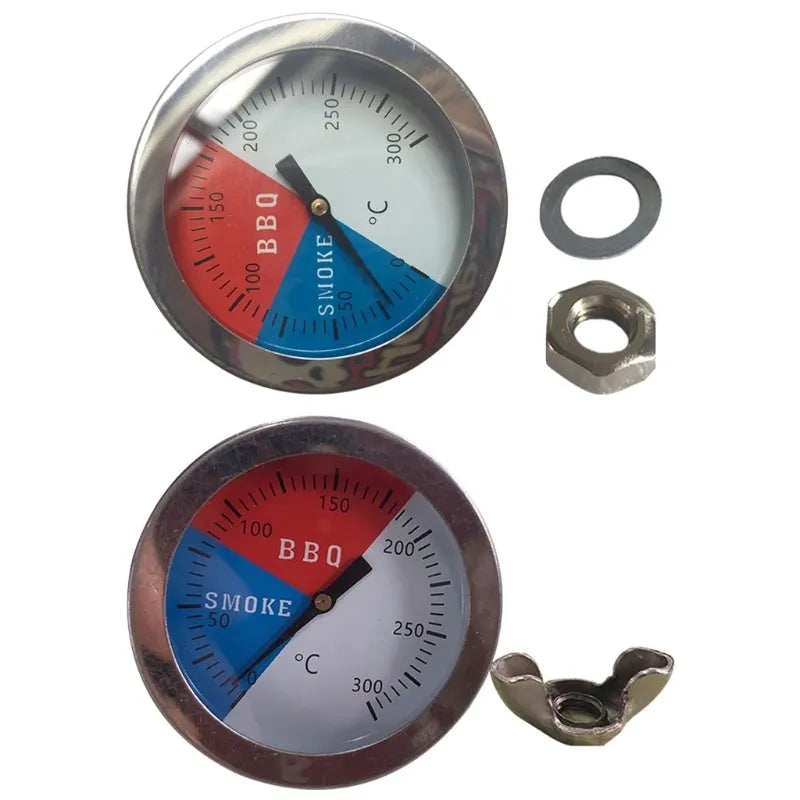 Bimetal oven thermometer with glass dial and metal probe, 52mm surface diameter, for grill and BBQ use
