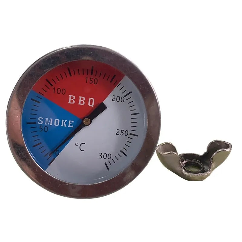 Bimetal oven thermometer with glass dial and metal probe, 52mm surface diameter, for grill and BBQ use