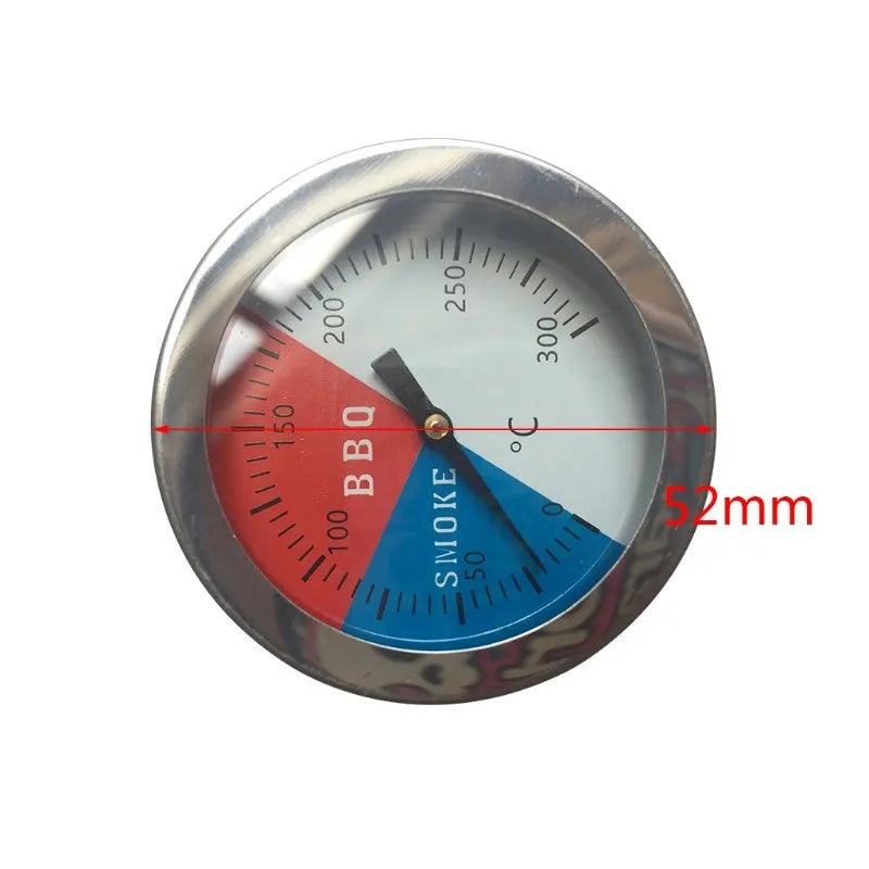 Bimetal oven thermometer with glass dial and metal probe, 52mm surface diameter, for grill and BBQ use