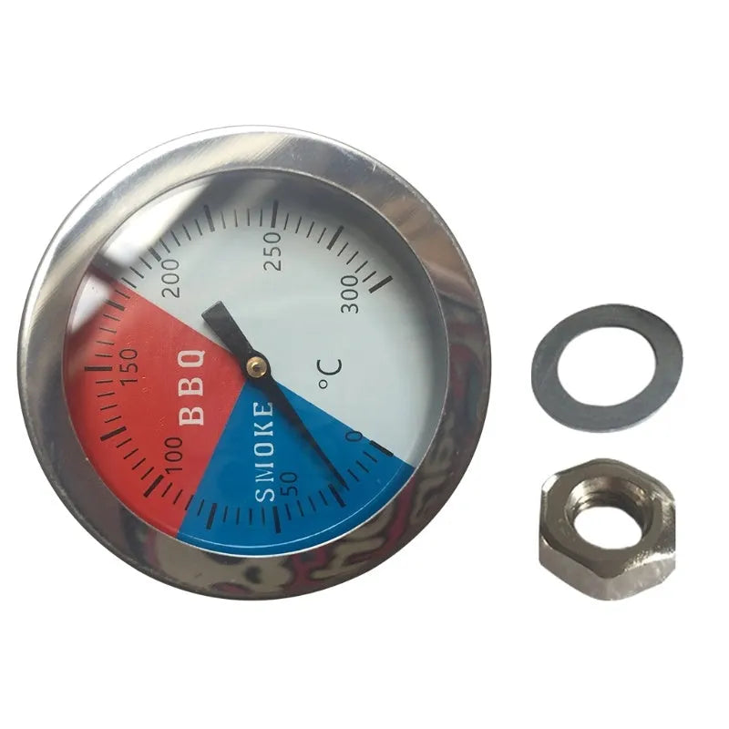 Bimetal oven thermometer with glass dial and metal probe, 52mm surface diameter, for grill and BBQ use