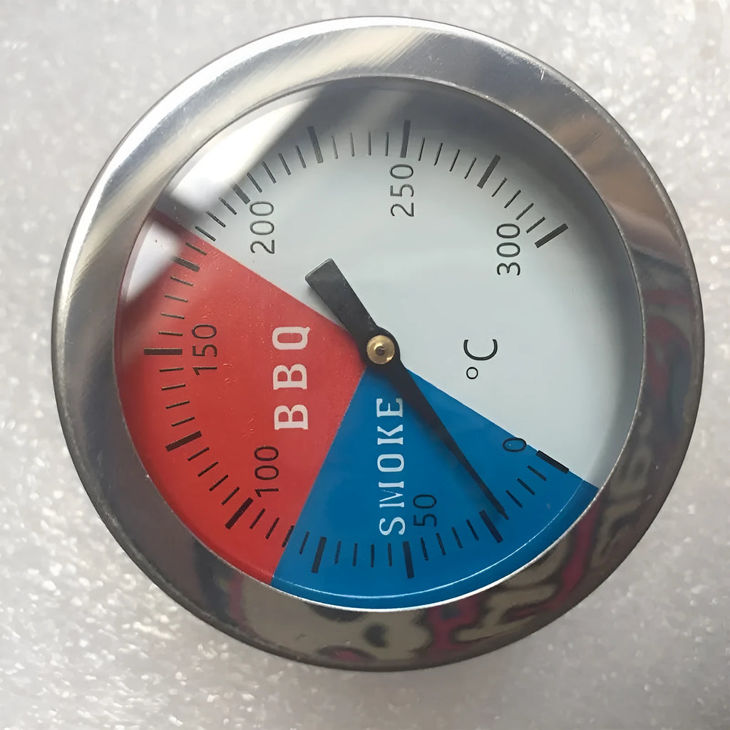 Bimetal oven thermometer with glass dial and metal probe, 52mm surface diameter, for grill and BBQ use