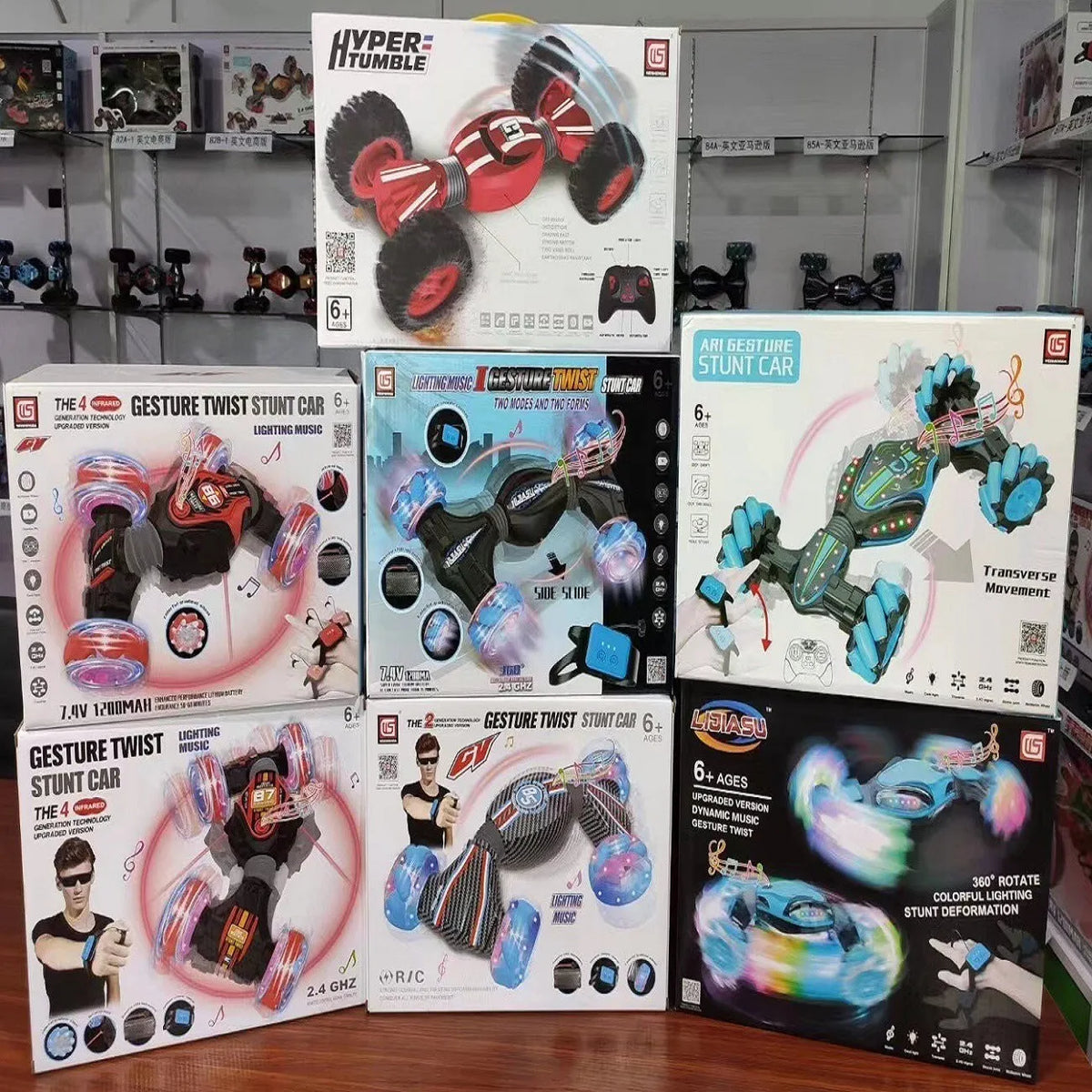 Global Funhood GW124 blue RC stunt car with 4WD, Bionic Spine body, and gesture control watch remote on gravel