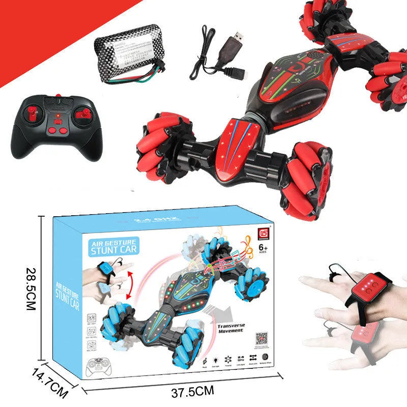 Global Funhood GW124 blue RC stunt car with 4WD, Bionic Spine body, and gesture control watch remote on gravel