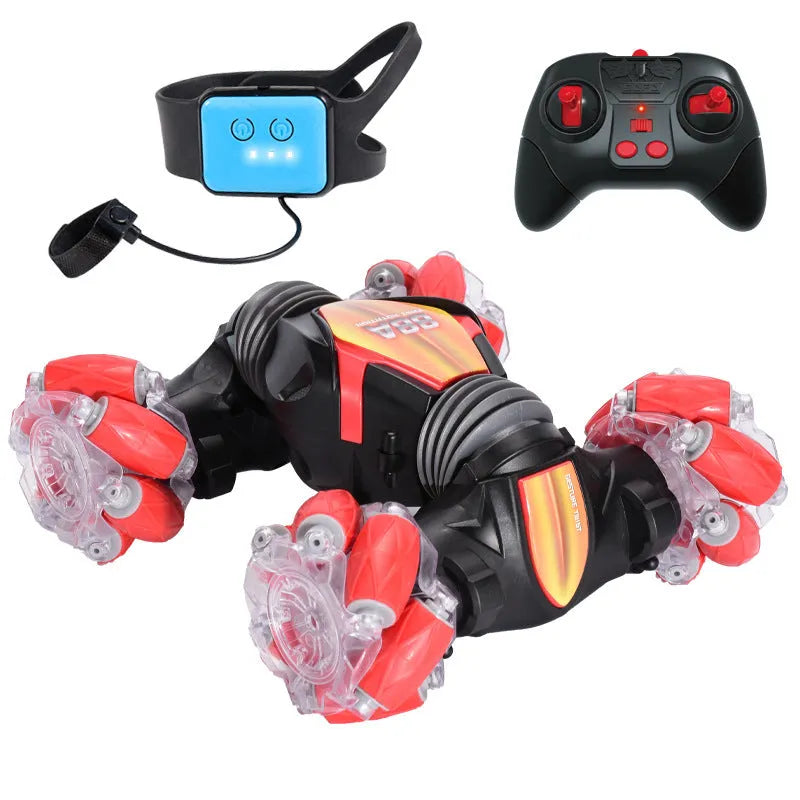 Global Funhood GW124 blue RC stunt car with 4WD, Bionic Spine body, and gesture control watch remote on gravel