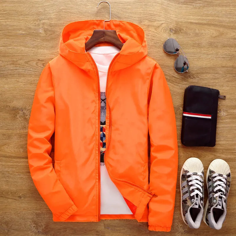 Loose fit men's windbreaker jacket in plain polyester with zip front and lapel collar, available in multiple plus sizes up to 7XL