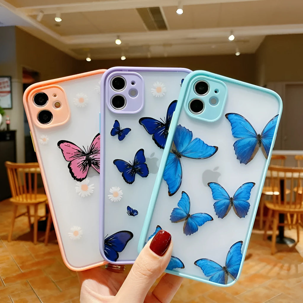 Butterfly design iPhone case with acrylic back and soft edge in pink, purple, and light blue colour options.