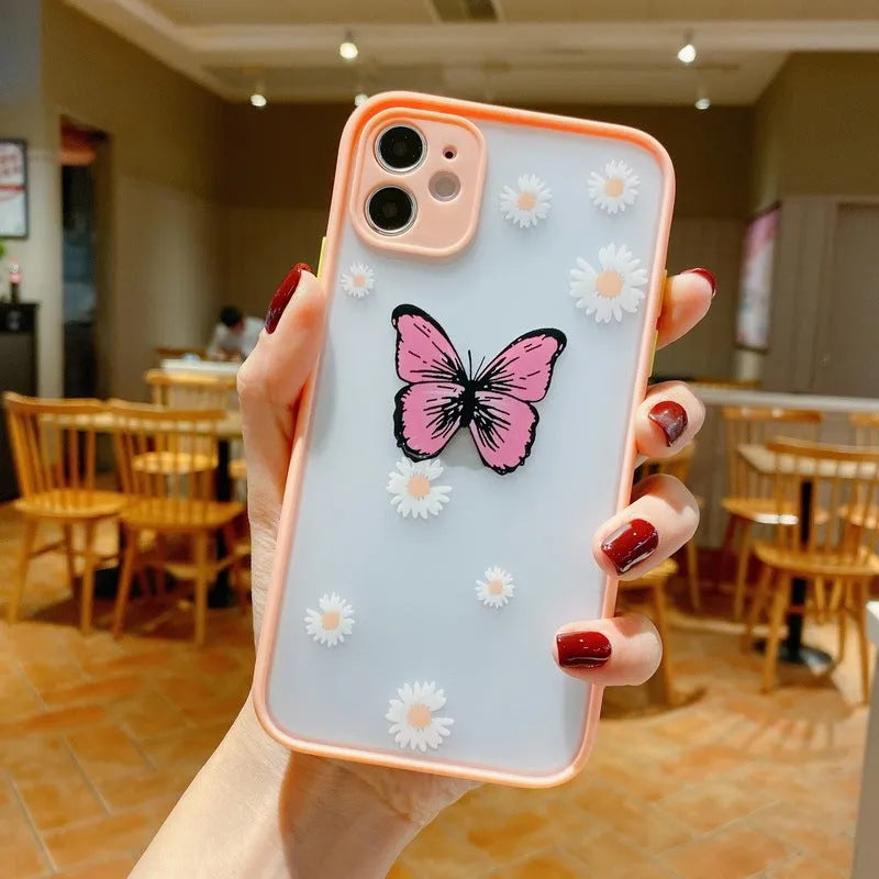 Butterfly design iPhone case with acrylic back and soft edge in pink, purple, and light blue colour options.