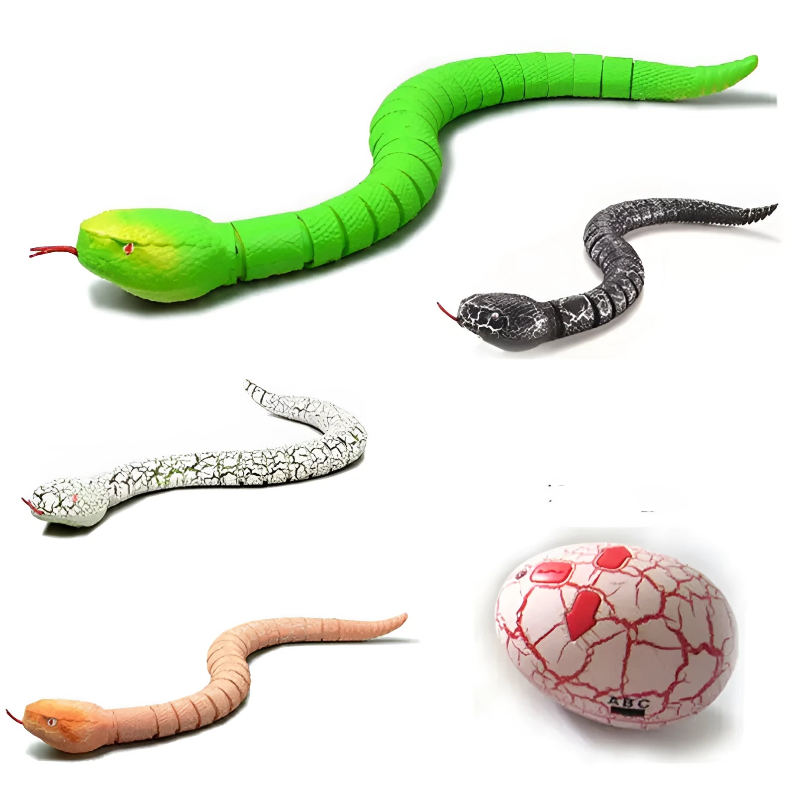 Black and grey cobra remote control snake toy with USB charging cable and batteries
