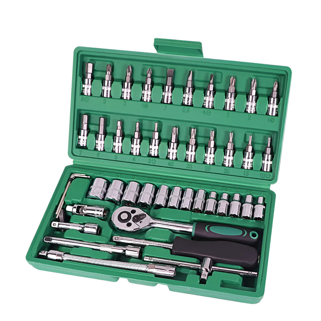 Open green plastic case displaying a 46-piece set of alloy steel sockets, a ratchet wrench, and L-shaped wrenches.