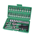Open green plastic case displaying a 46-piece set of alloy steel sockets, a ratchet wrench, and L-shaped wrenches.