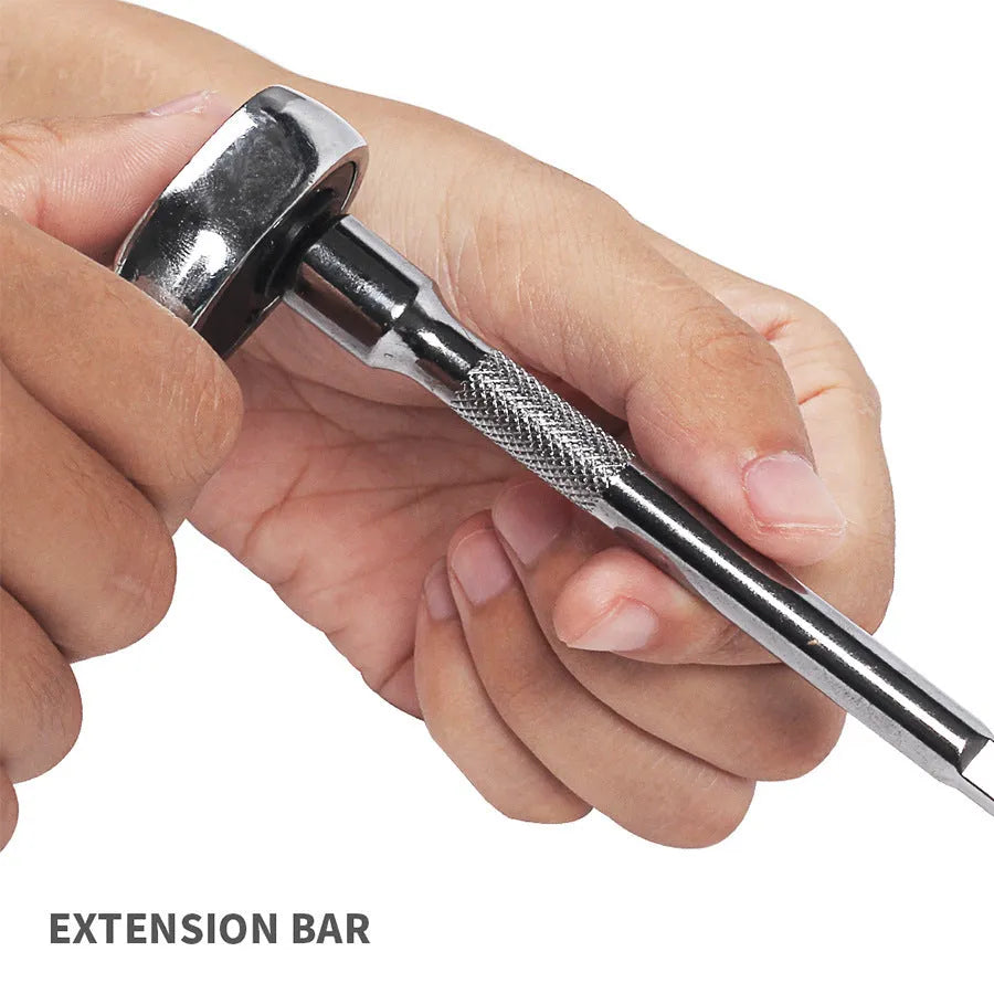 Open green plastic case displaying a 46-piece set of alloy steel sockets, a ratchet wrench, and L-shaped wrenches.