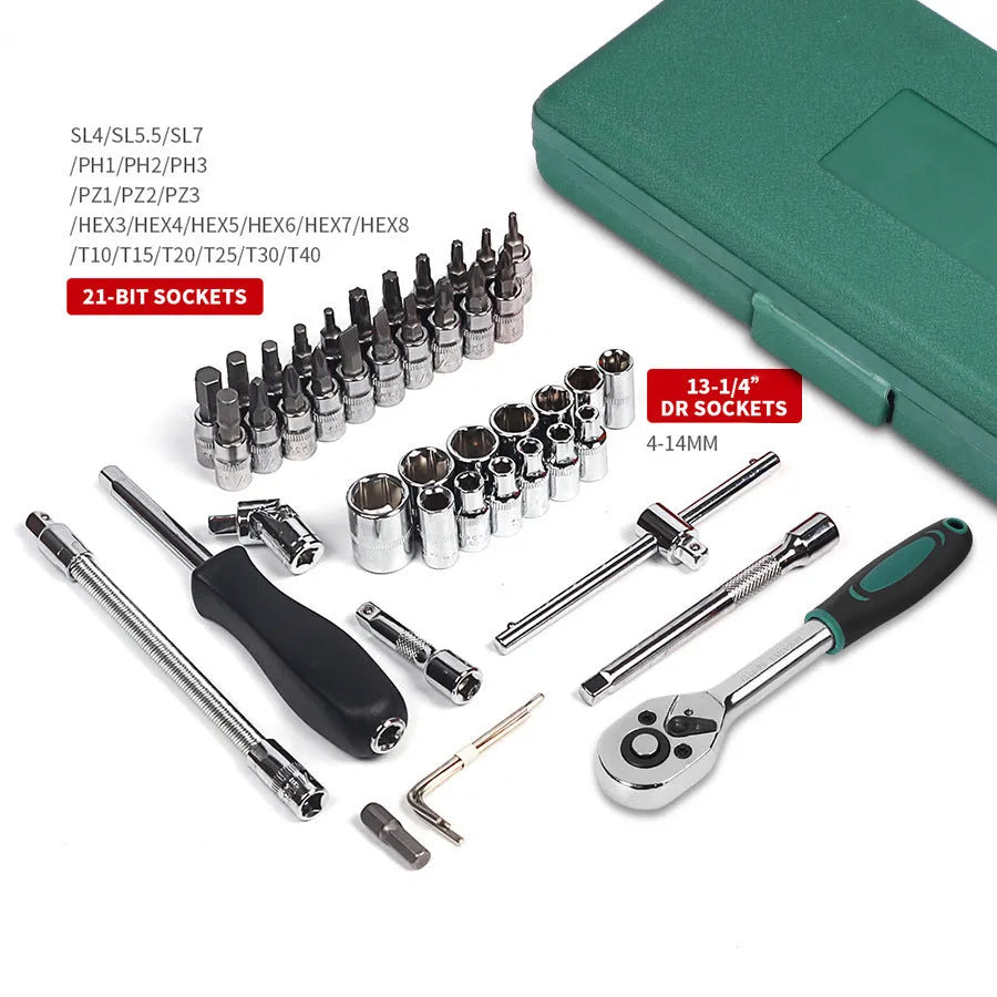 Open green plastic case displaying a 46-piece set of alloy steel sockets, a ratchet wrench, and L-shaped wrenches.
