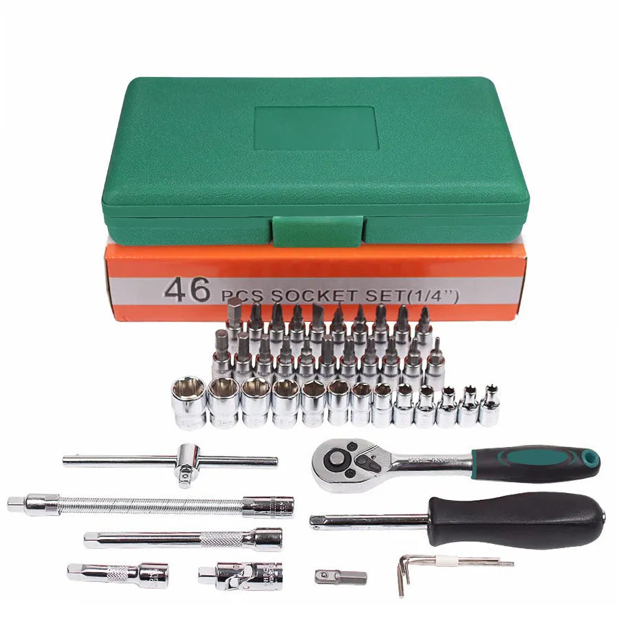 Open green plastic case displaying a 46-piece set of alloy steel sockets, a ratchet wrench, and L-shaped wrenches.