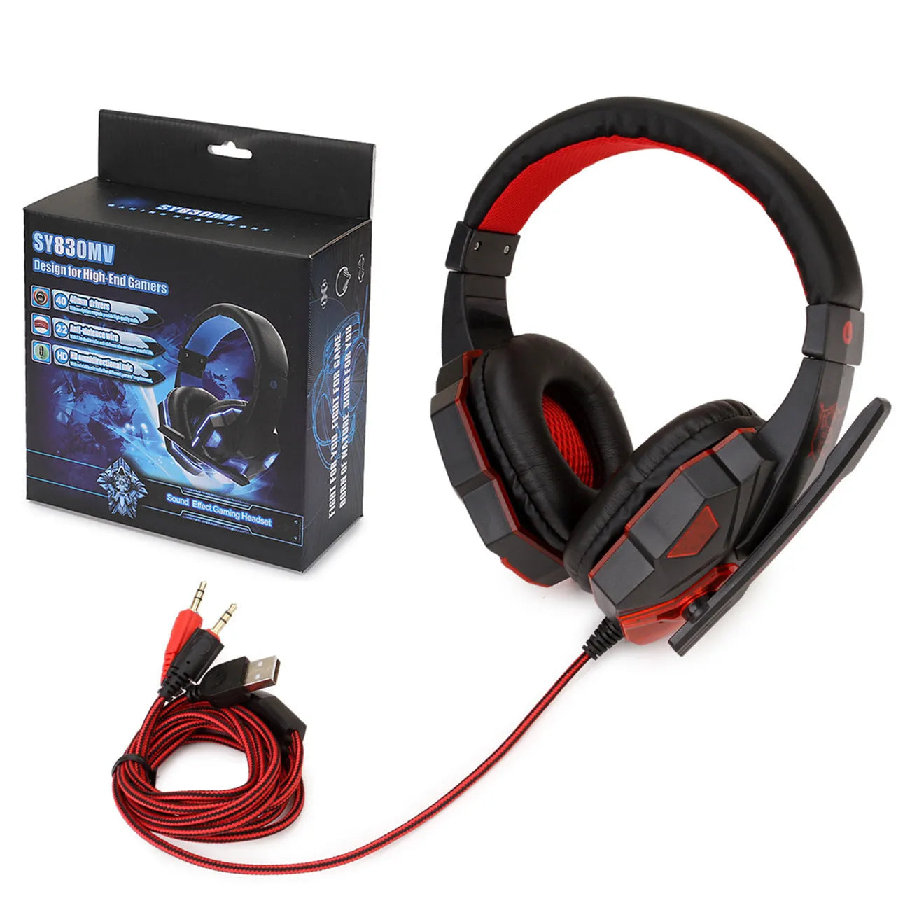 RGB light-up gaming headset with over-ear leather cushions and braided cable for PC and PS4