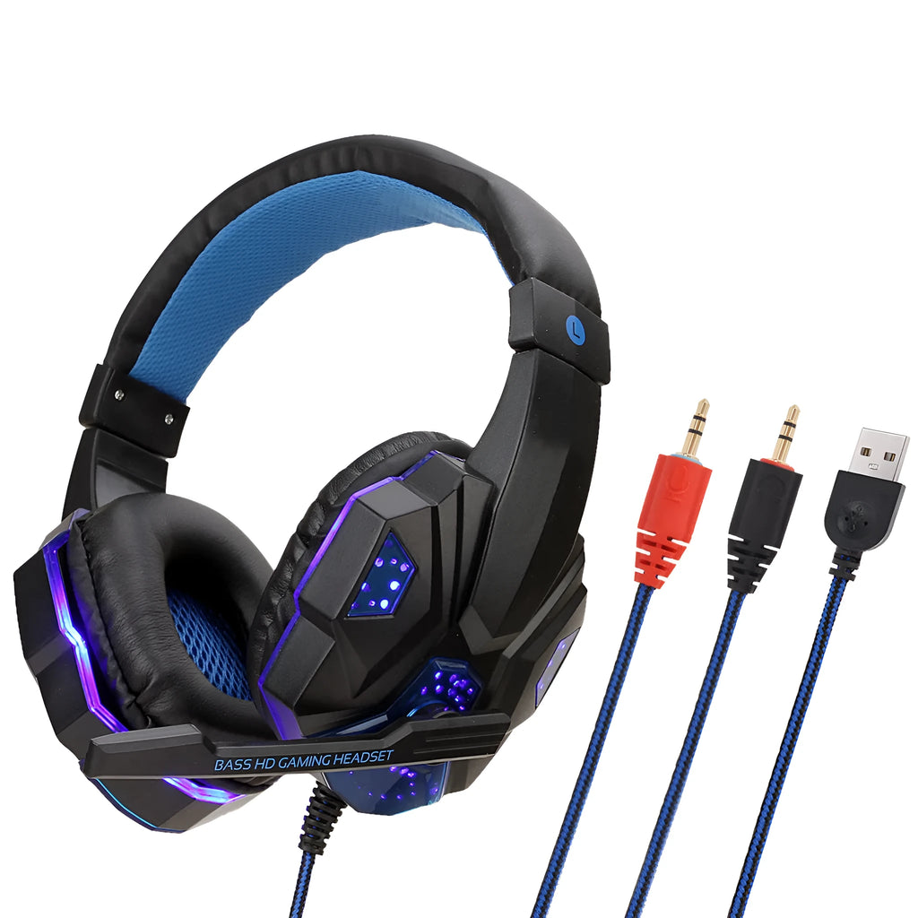 RGB light-up gaming headset with over-ear leather cushions and braided cable for PC and PS4