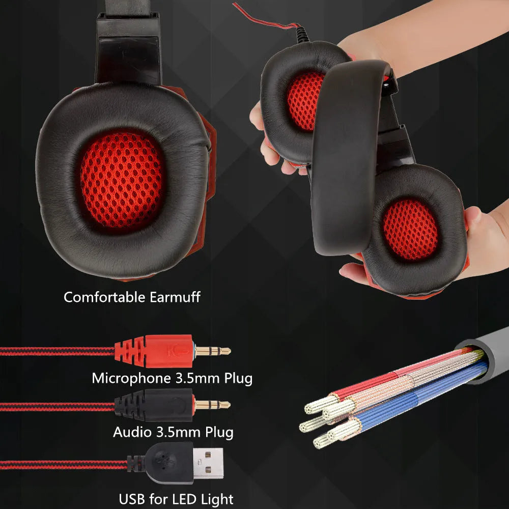 RGB light-up gaming headset with over-ear leather cushions and braided cable for PC and PS4