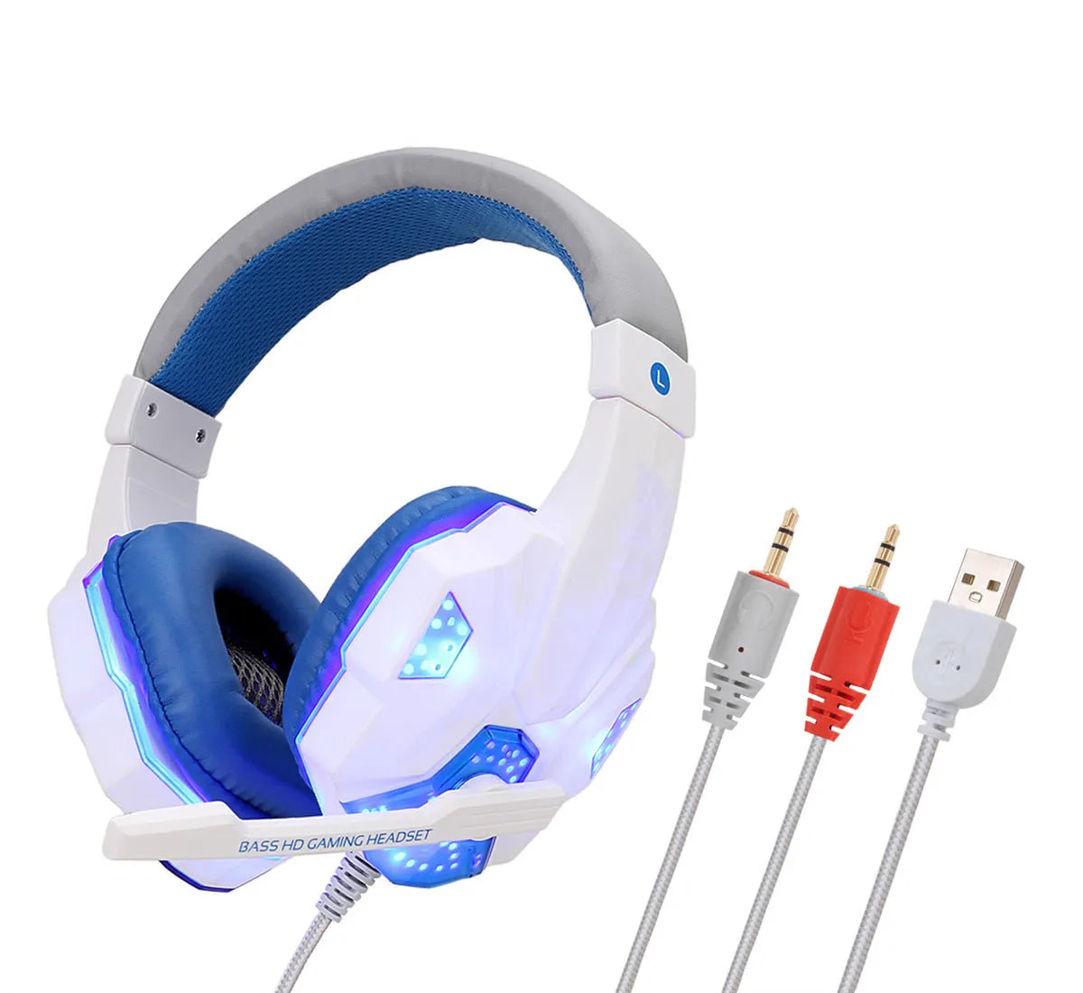 RGB light-up gaming headset with over-ear leather cushions and braided cable for PC and PS4